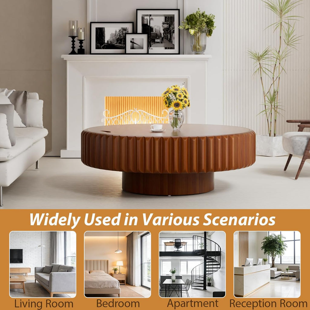 Drum Coffee Table with Hidden Storage, Modern Round Coffee Table for Living Room Circle Center Table with Solid Wood Fluted Veneered, Accent Tea Table for Small Space Apartment (Walnut 39.37 inch)