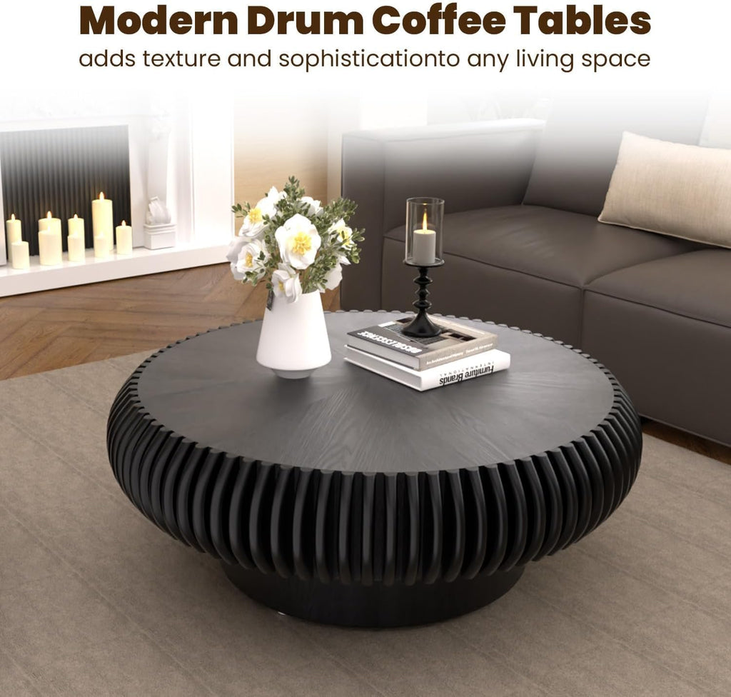 31.5' Drum Coffee Table Modern Unique Fluted Tea Table Contemporary Wood Round Coffee Table with Fluted Centry Table for Living Room Walnut (31.5' Black)