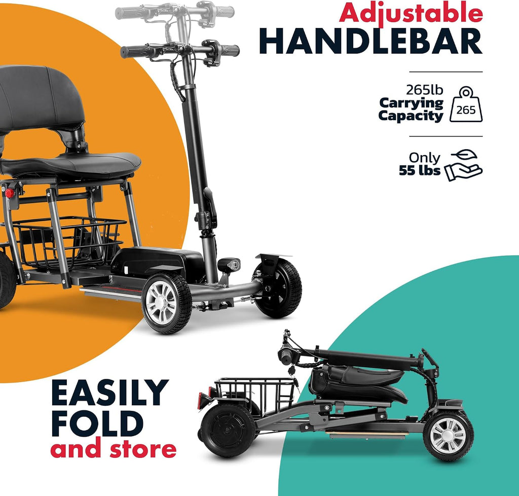 Rubicon FX4 - Lightweight 4 Wheel Foldable Mobility Scooters for Adults and Seniors - Detachable Lithium Battery - More Faster (9 Miles/Hour Speed) - Travel Friendly
