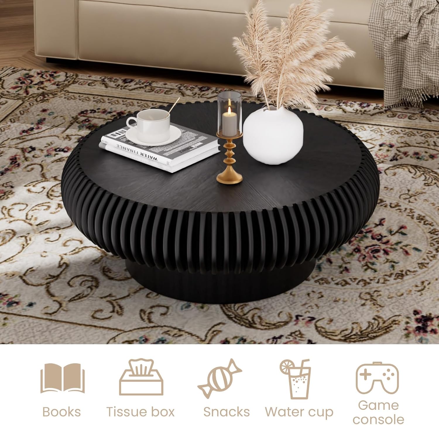 Fluted Drum Coffee Table Round Coffee Table for Living Room Mid Century Modern Coffee Tables with Sturdy Pedestal Circle Center Tea Table Accent Tea Table for Small Space Apartment (31.5' Black)