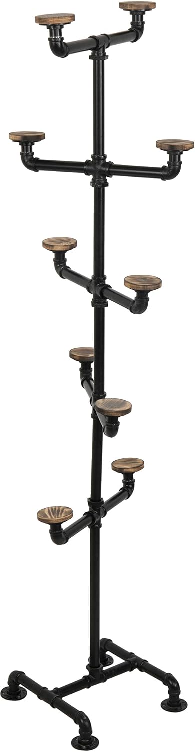 MyGift Hat Rack Stand,Standing Hat Organizer Tree, Baseball Caps Cowboy Hat Display, Industrial Black Metal Pipe Rack with 10 Round Rustic Burnt Wood Hanger Hooks