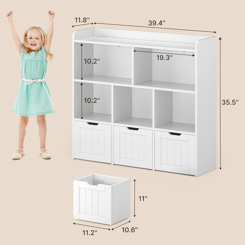 Gizoon Toy Storage Organizer with 3 Movable Drawers and 6 Open Shelves Kids Bookshelf Featuring Fall Prevention Barrier for Playroom Nursery Kids Room Organization, White, Painted