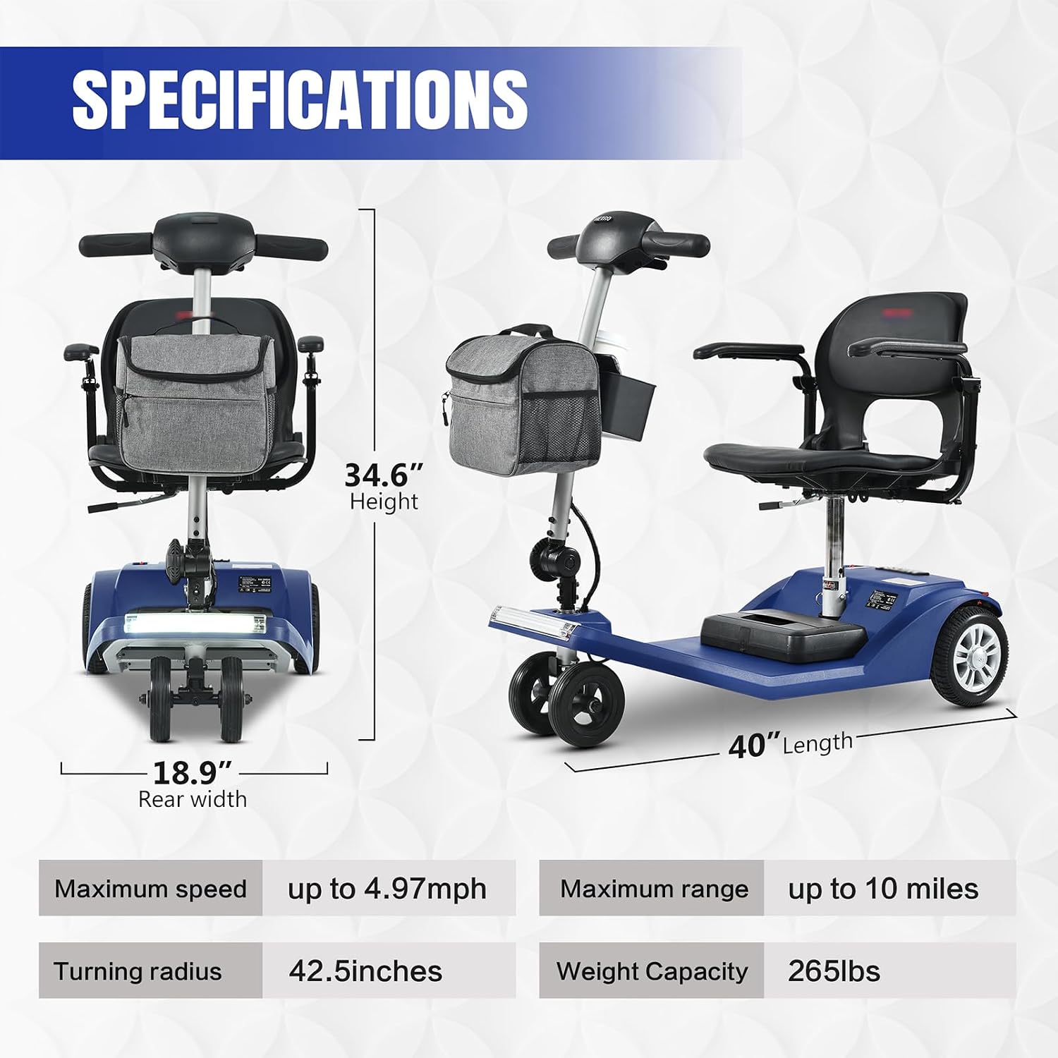Mobility Scooters for Seniors & Adults 350 Lb Weight Foldable,All-Terrain 4-Wheel Powered Scooter,Lightweight Portable Folding Design,Disability Electric Wheelchair,w/Led Lights,15Miles,Blue