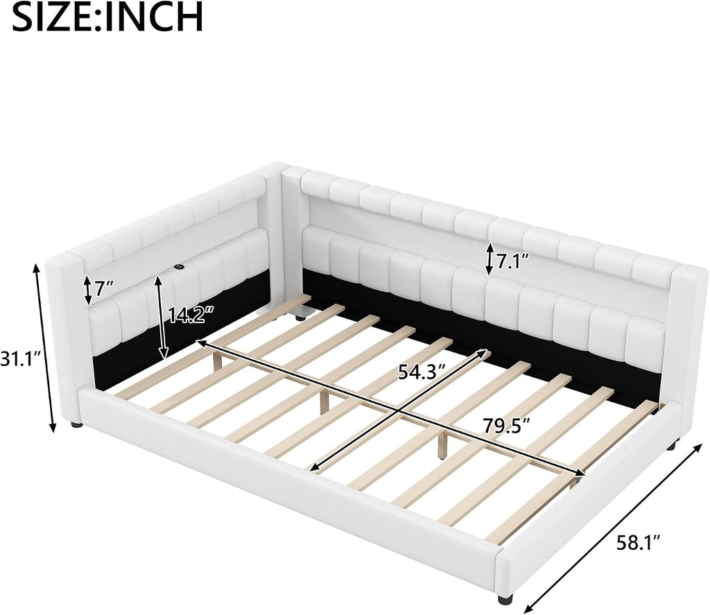 Upholstered Full XL Size Daybed with LED and USB Ports, L-Shaped Corner Day Bed with Storage Shelves Headboard,Space Saving for Girls Adults Kids Boys, White
