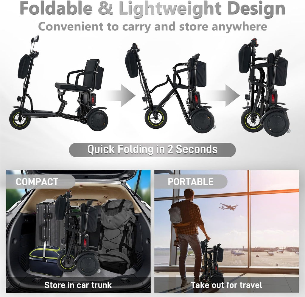 3-Wheel Folding Mobility Scooter Foldable Lightweight Electric Scooter for Adults & Seniors, Detachable Lithium Battery, Long Range 28 Miles, 3-Speed, with Rearview Mirror & Turn Signal (Black)