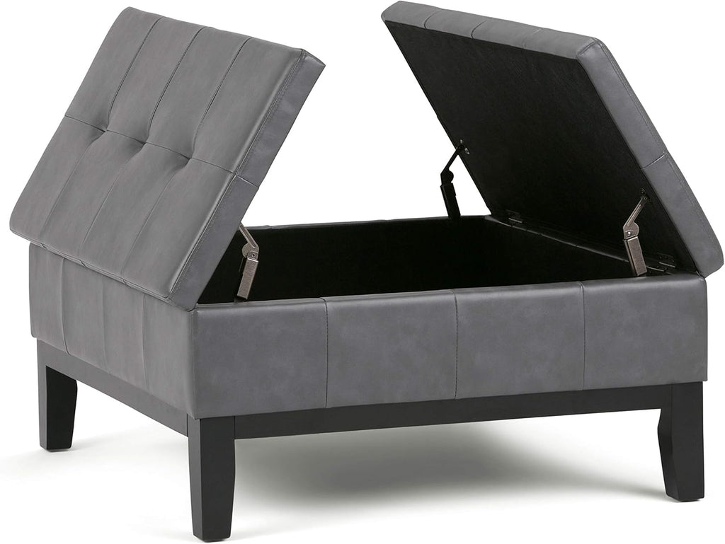 SIMPLIHOME Dover 36 inch Wide Contemporary Square Coffee Table Storage Ottoman in Stone Grey Vegan Faux Leather, Assembled, For the Living Room and Bedroom
