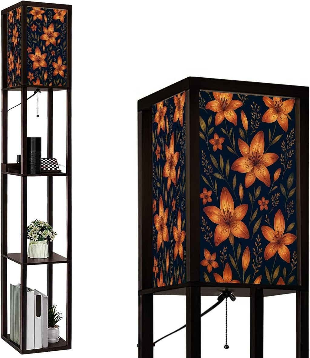 Floor Lamp with Shelves Watercolor Made Tiger Lilies Wild Herbs Standing Tall Lamp USB Ports & Power Outlet Modern Corner Lamp Nightstand Light for Living Room Bedroom