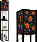 Floor Lamp with Shelves Watercolor Made Tiger Lilies Wild Herbs Standing Tall Lamp USB Ports & Power Outlet Modern Corner Lamp Nightstand Light for Living Room Bedroom