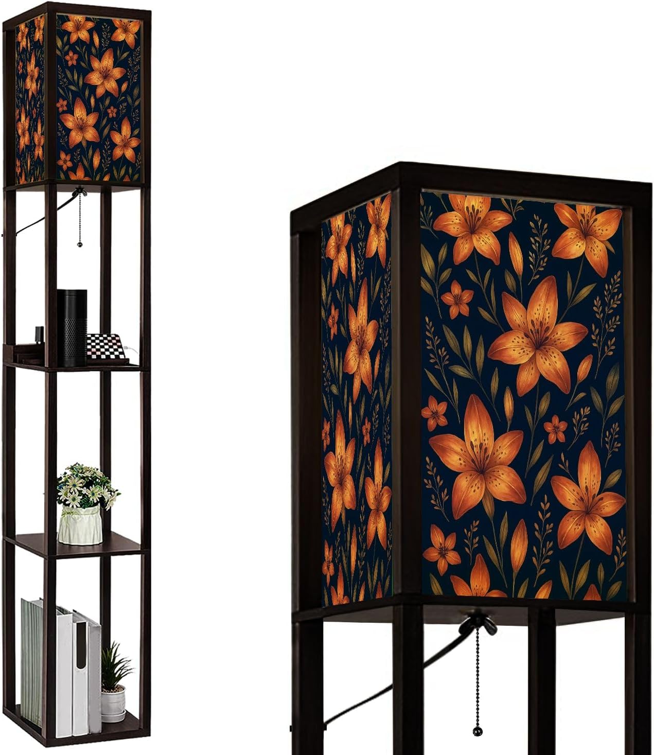 Floor Lamp with Shelves Watercolor Made Tiger Lilies Wild Herbs Standing Tall Lamp USB Ports & Power Outlet Modern Corner Lamp Nightstand Light for Living Room Bedroom