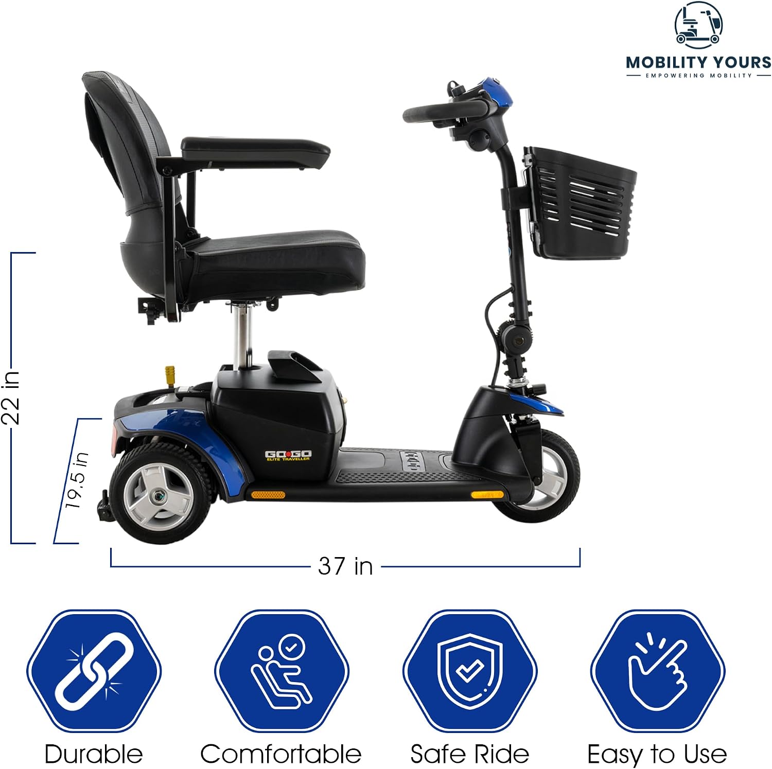 Pride Mobility Go Go Sport 3 Wheel Scooter Plus Mobility Yours Accessories, Pride Go Go 3 Wheel Power Mobility Scooter for Adults, Portable,18 AH Battery, 325 Wt Capacity, Extended Warranty