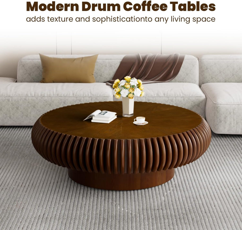 39.3' Drum Coffee Table Modern Unique Fluted Tea Table Contemporary Wood Round Coffee Table with Fluted Centry Table for Living Room Walnut (39.3' Walnut)