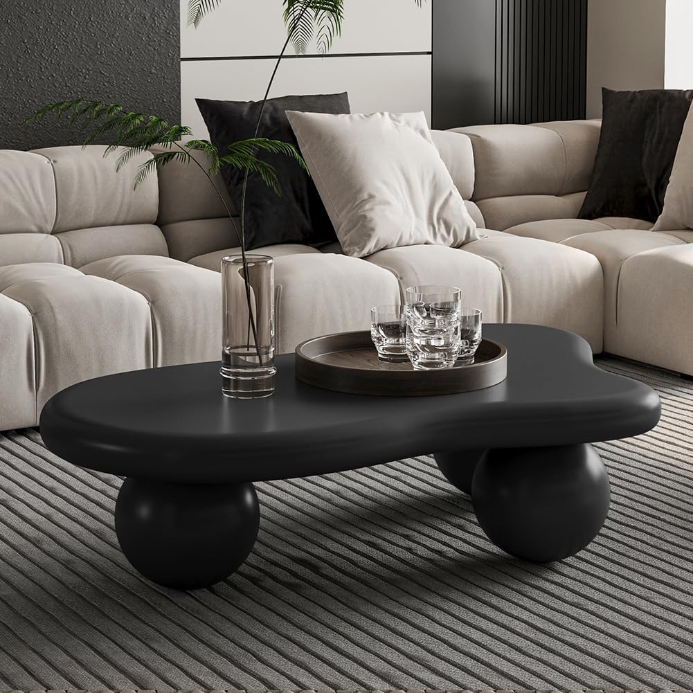 40' Cloud Coffee Table for Living Room Irregular Coffee Table Modern Unique Coffee Tables Low Cute Center Tables with Ball Legs for Small Space Apartment Cream Black