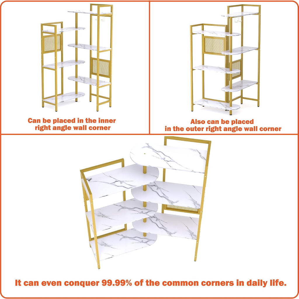 Gezen 6-Tier Ajustable Corner Bookshelf Modern Wood Bookcase for Home Office, Open Standing Shelf with Metal Frame, Wood and Metal Corner Bookcase for Living Room/Study Room/Bedroom(White, Gold)