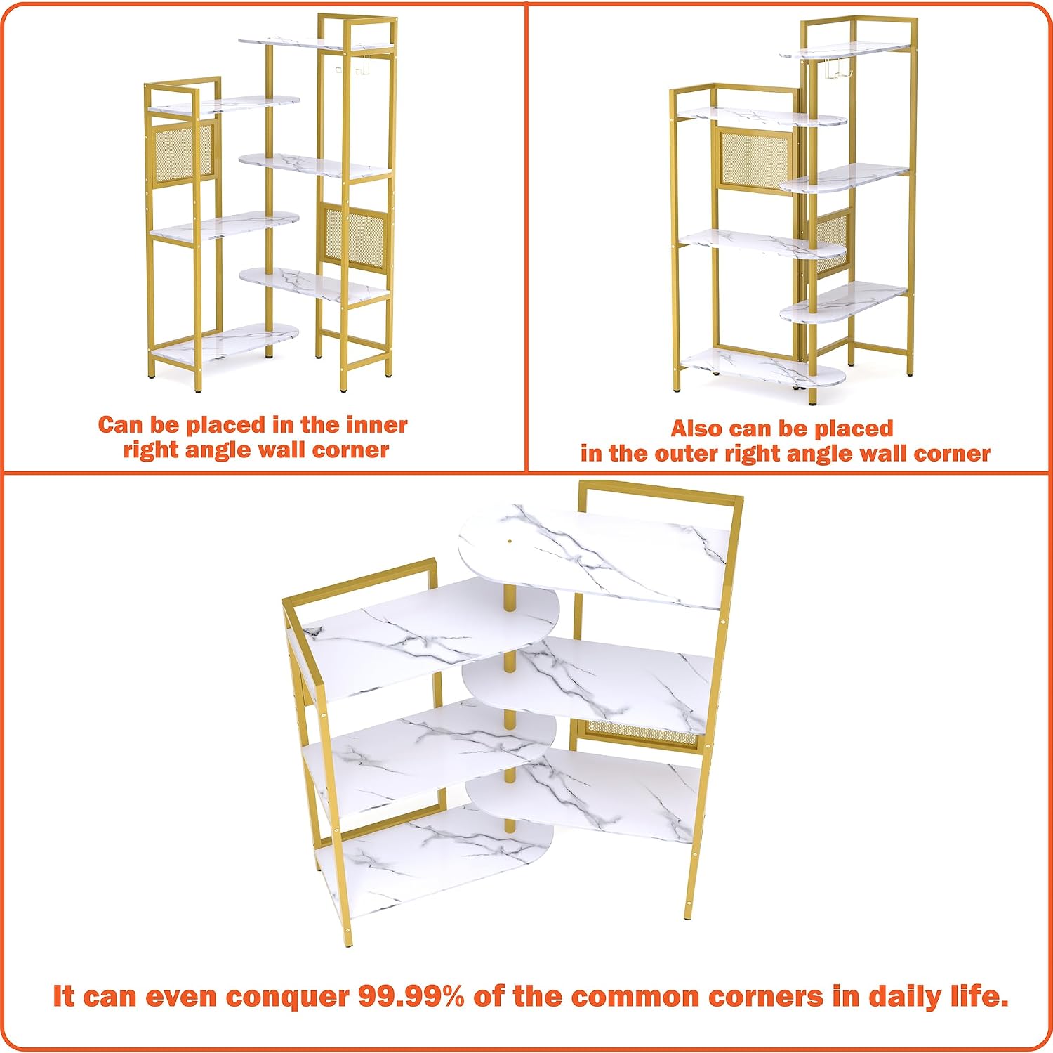 Gezen 6-Tier Ajustable Corner Bookshelf Modern Wood Bookcase for Home Office, Open Standing Shelf with Metal Frame, Wood and Metal Corner Bookcase for Living Room/Study Room/Bedroom(White, Gold)