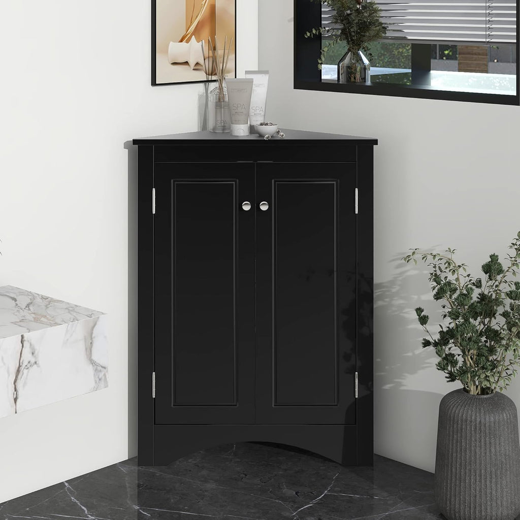 Knocbel 31.5' Height Corner Floor Storage Cabinet with Brushed Nickel Knobs, 2 Doors and Adjustable Shelves, Bathroom Pantry Corridor Free Standing Triangle Organizer Unit (Black)