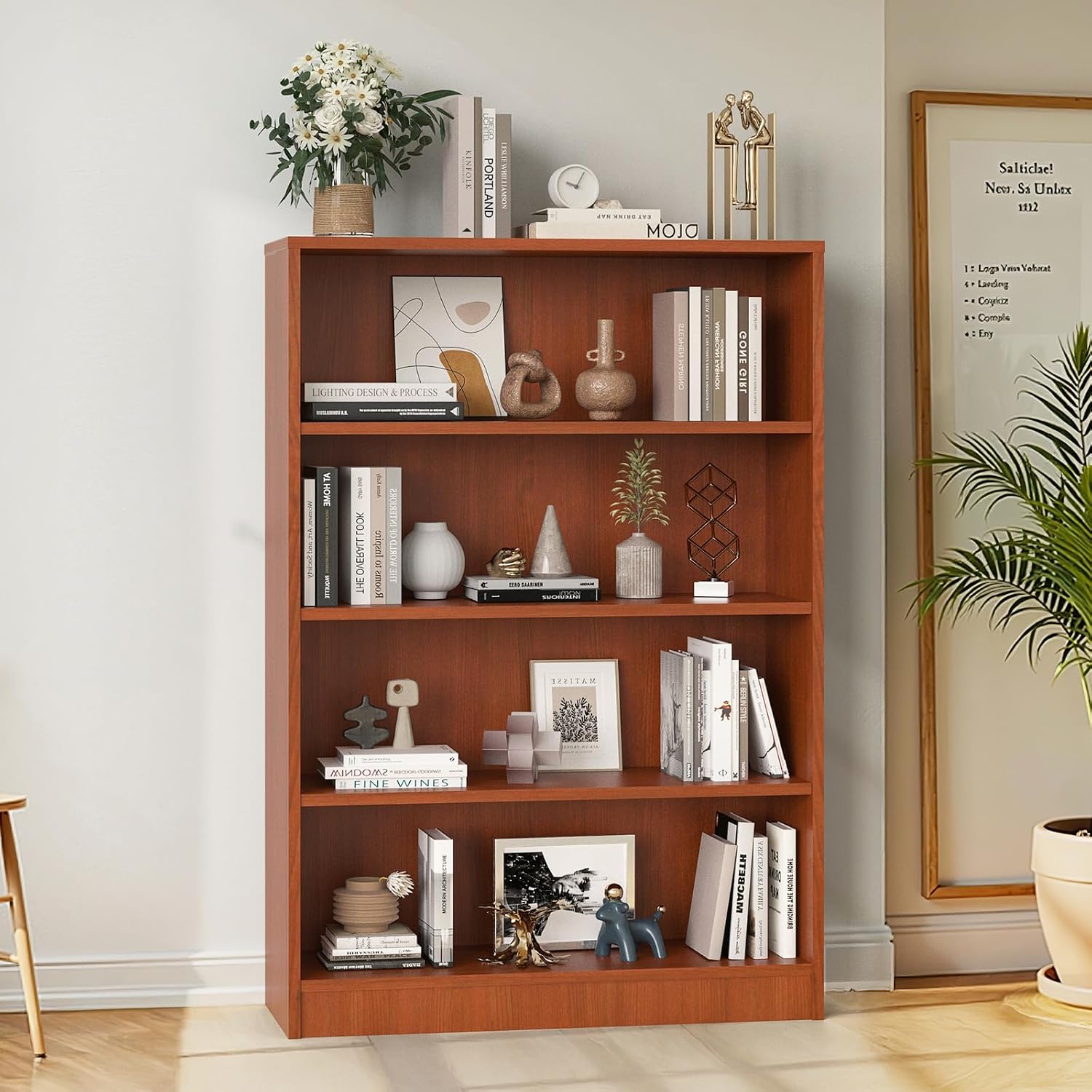 Farini 48 Inch Tall 4-Shelf Bookcase, Wood Bookshelf Storage Organizer Adjustable Shelf for Home Office, Study Room, Easy Assembly,Cherry