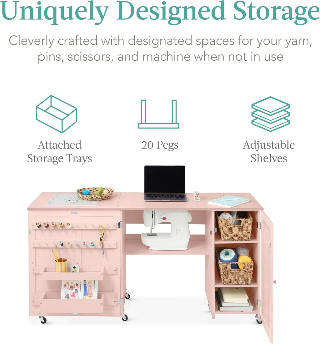 Best Choice Products Large Folding Sewing Table, Multipurpose Portable Craft Station & Side Desk w/Compact Design, Caster Wheels, Storage Shelves, 2 Storage Trays, Magnetic Doors - Pink