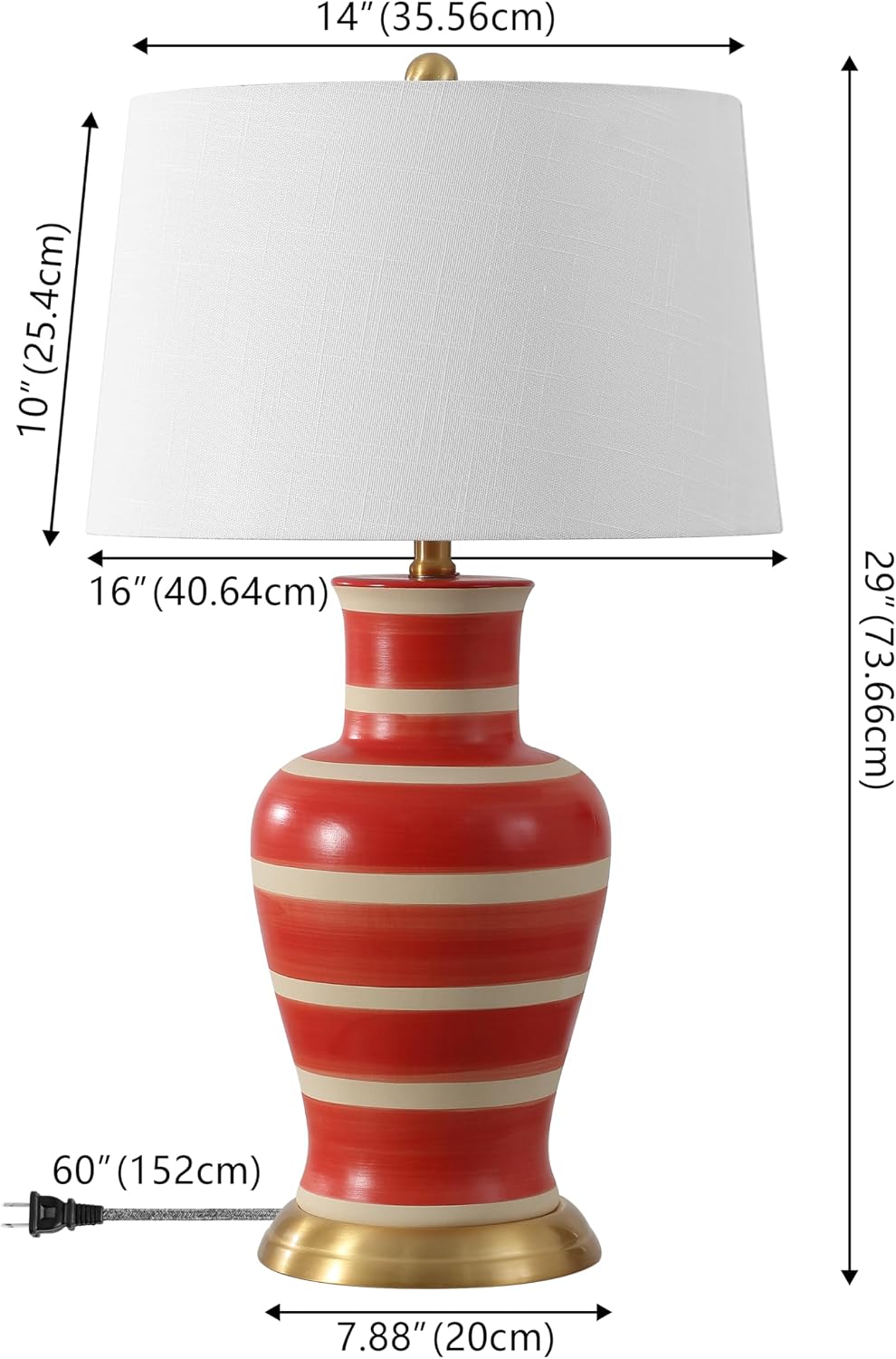 JONATHAN Y 29' Red/Beige Traditional Ceramic Urn LED Table Lamp for Bedroom Decor, White Linen Drum Shade, Classic Nightstand Lamp for Living Room, LED Bulb Included (JYL4026K)