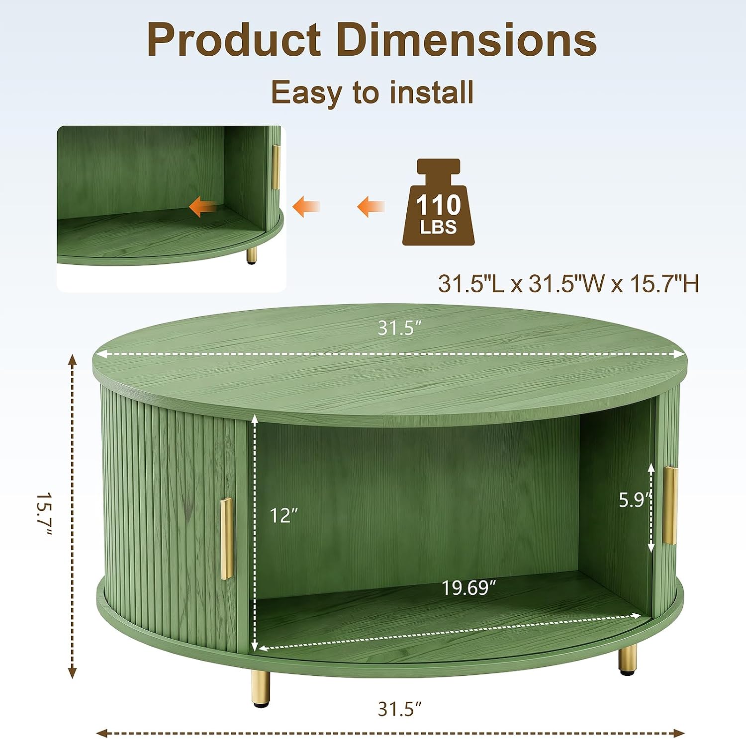 DHH Round Coffee Table, 31.5' Mid Century Modern Coffee Table with 360° Sliding Tambour Door, Fluted Accent Table with Storage Adjustable Footpads for Living Room (Green)