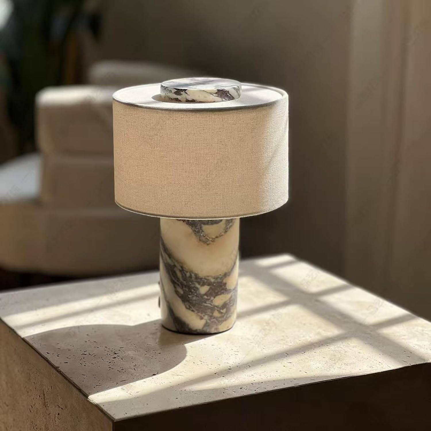 Marble Luxury Stone Rechargeable Touch Table Lamp, Cylindrical Shape, Linen Cloth Fiber Lampshade, High-End and Light Luxury, Bedroom Bedside Table Night Light, Black and White