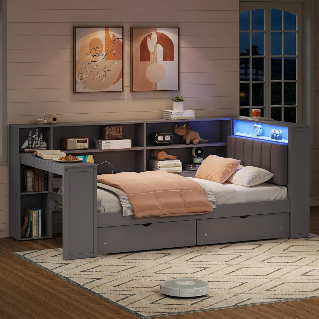 Twin Daybed with Storage,Desk,Upholstered Headboard and LED Light &Charging Station, Solid Wood Corner Bed Frame with Storage Drawers and Bookcase for Adults,No Box Spring Needed (Twin,Grey)