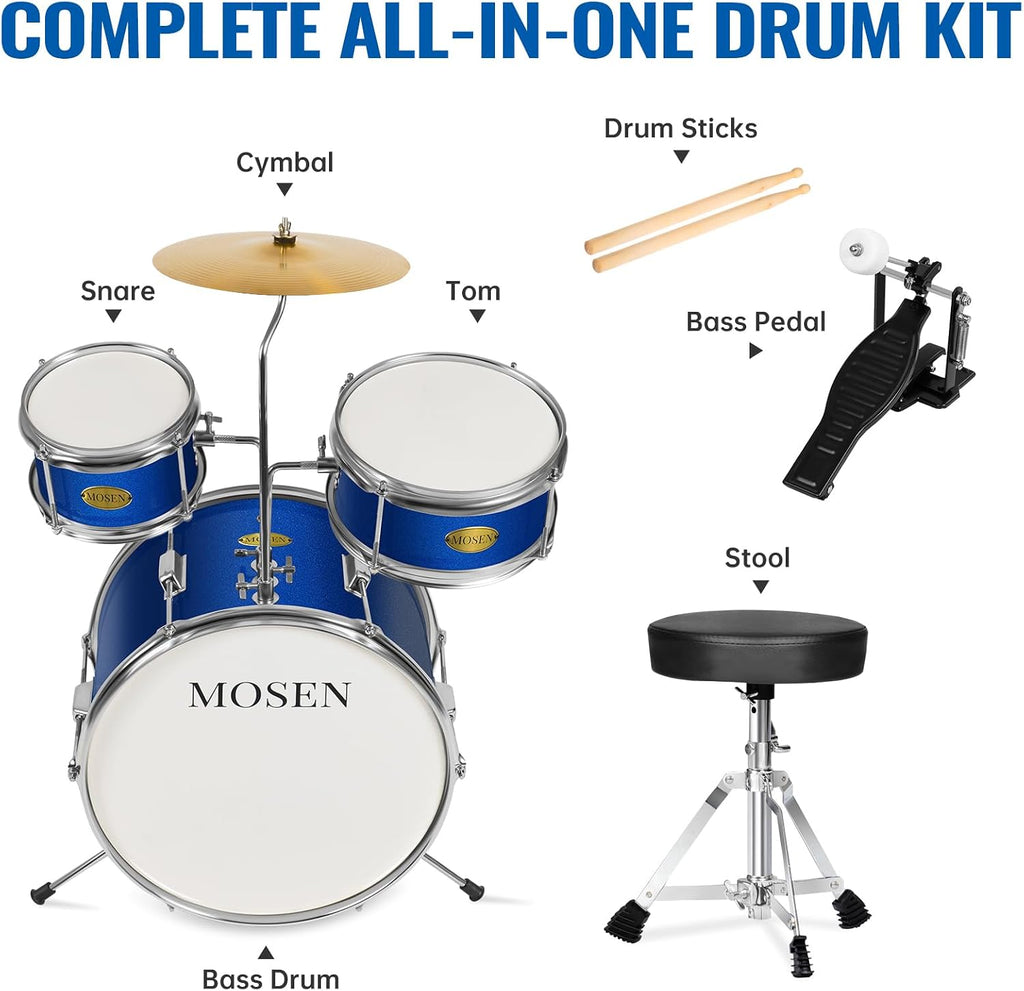 MOSEN Drum Set for Kids, 3-Piece Beginner Drum Kit with 14' Bass Drum, Tom Snare Drums, Adjustable Throne, Cymbal, Pedal & Drumsticks, Drums for Junior Kids Ages 5-9 - Blue