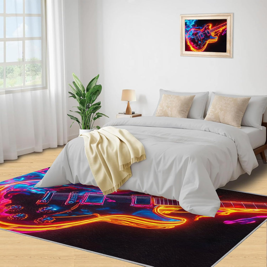 Guitar Rug 5x7-5x7 Rug, Ice and Fire Area Rugs for Living Room, Music Washable Area Mat for Bedroom, Rock and Roll Carpet, Musical Carpet - Guitar Home Decor & Gift