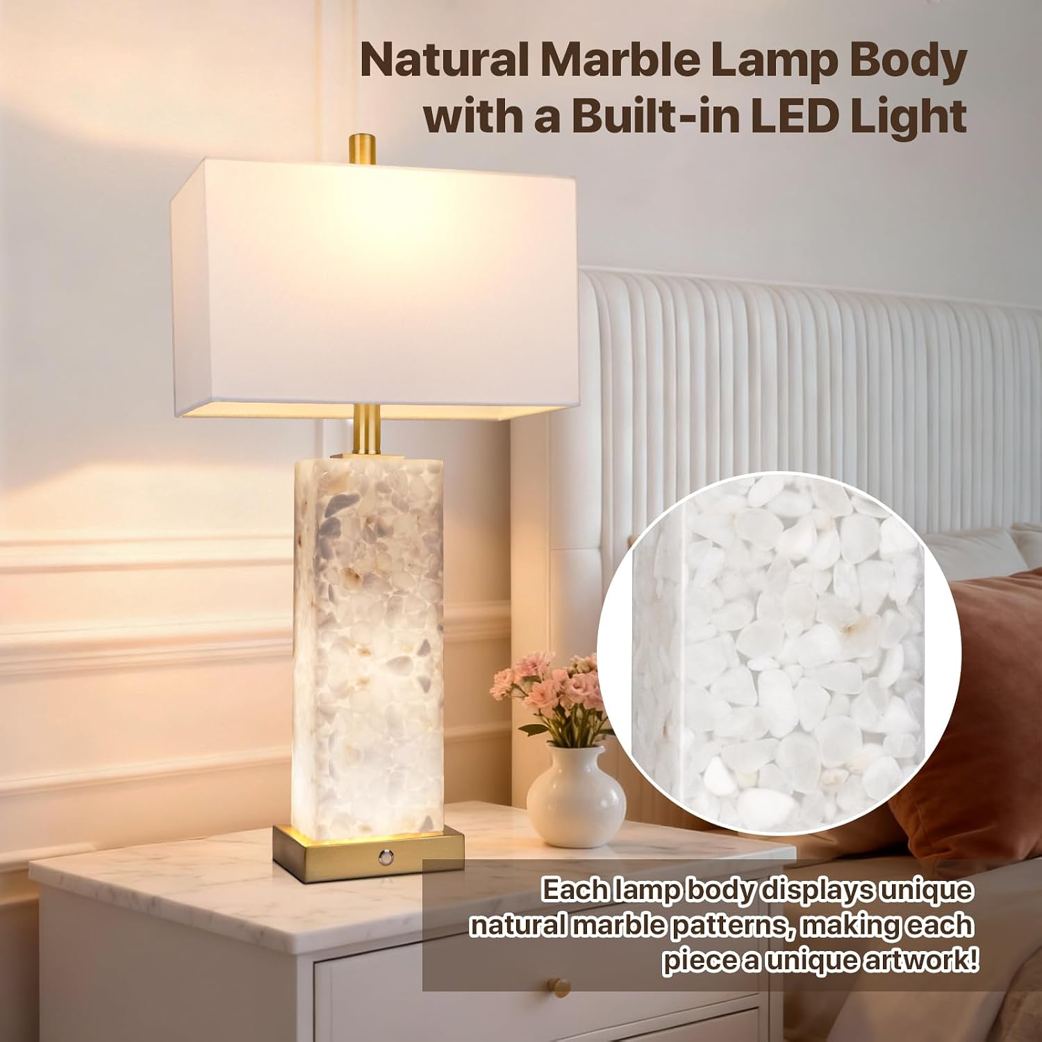 2-Pack 25.6' Alabaster Lamps, Marble Lamp Nightstand Lamps Set of 2, 3-Color Temperatures Bedside Lamps with Nightlight, Modern Table Lamp with USB Ports for Living Room Bedroom Hotel, Bulbs Included