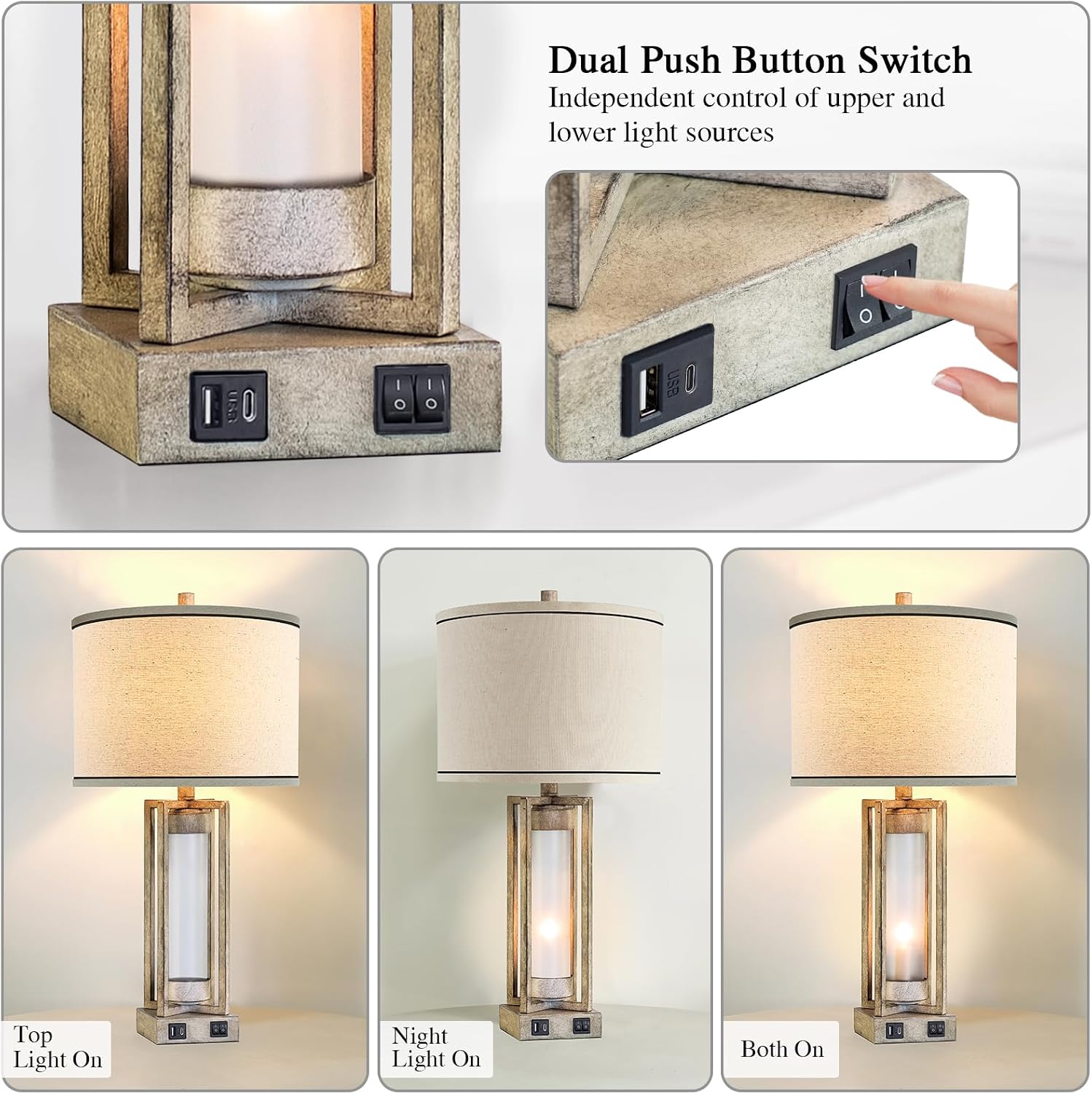 25' Set of 2 Farmhouse Table Lamps for Living Room with USB A+C Ports, Rustic Nightstand Lamp with White Night Light, Vintage Desk Lamp for Entryway Bedroom End Table, 4 Bulbs Included