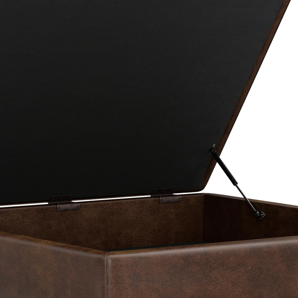 SIMPLIHOME Owen XL Square Coffee Table Storage Ottoman - 40 inch Wide Upholstered Vegan Leather Lift-Top Ottoman in Distressed Chestnut Brown, Mid-Century Modern Ottoman for Living Room with Storage