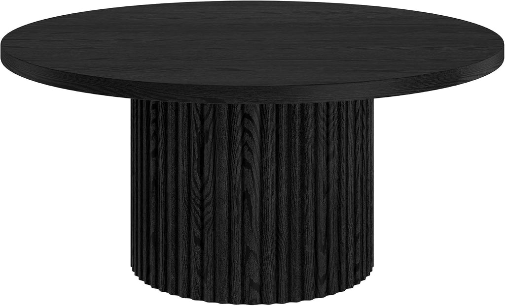 Henn&Hart 32' Fluted Round Wooden Pedestal Low-Profile Coffee Table with Ribbed Pedestal Base for Living Room, Family Room, Office, or Apartment, Natural Black