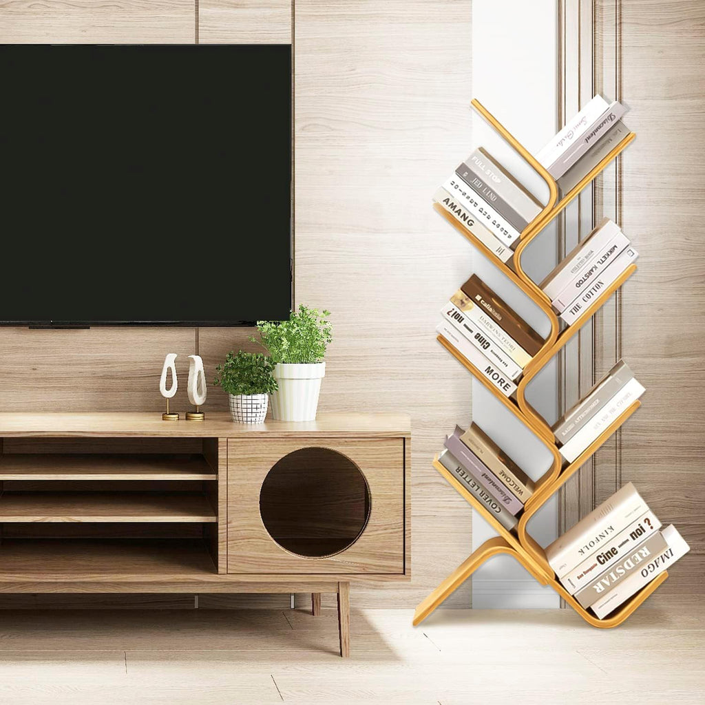 7-Tier Floor Bamboo Tree Bookshelf, Modern Standing Bookcase Office Book Storage Creative Curved Rack Organizer Shelves, Book Shelf Space Saver for Home Living Room Corner Bedroom