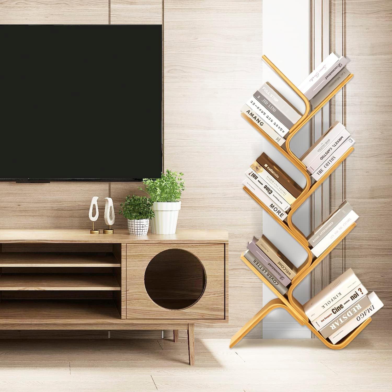 7-Tier Floor Bamboo Tree Bookshelf, Modern Standing Bookcase Office Book Storage Creative Curved Rack Organizer Shelves, Book Shelf Space Saver for Home Living Room Corner Bedroom