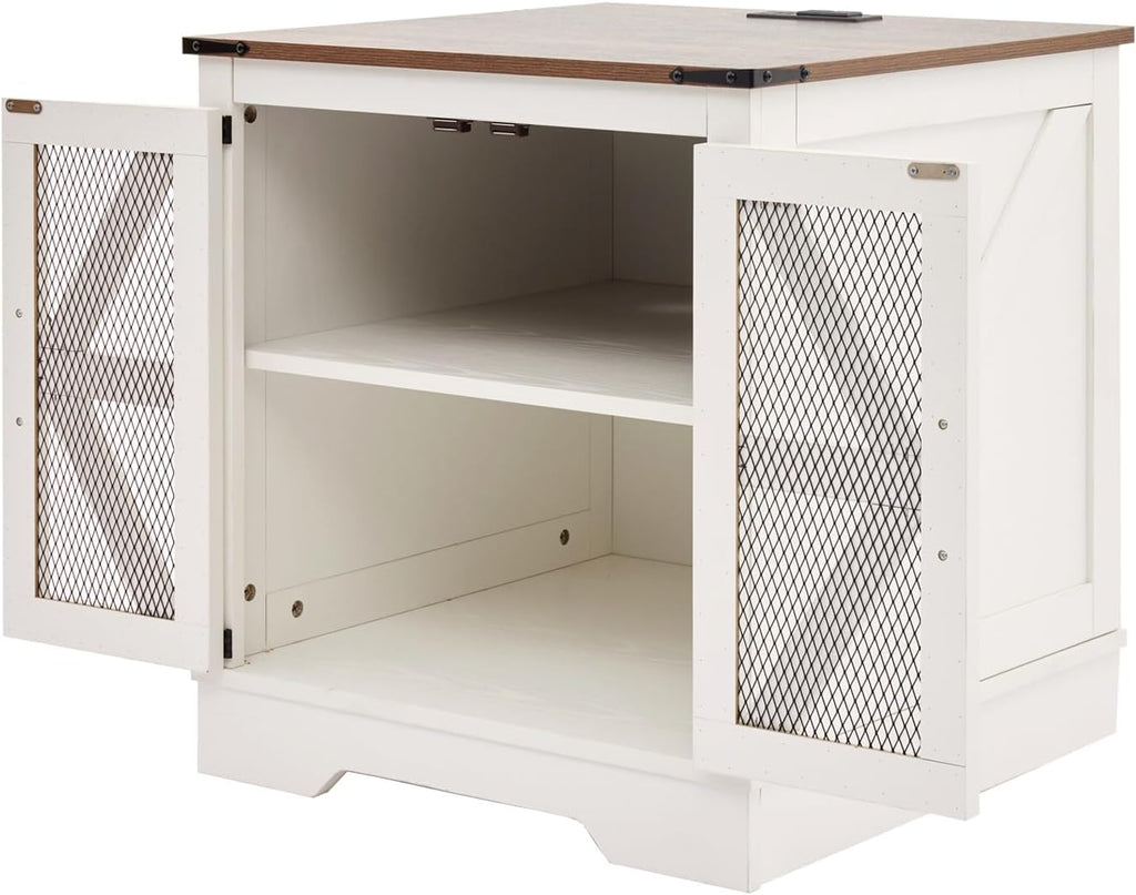 White Farmhouse End Table with Charging Station, 24' Wood Sofa Side Table with Mesh Barn Door, Rustic Nightstand with Hidden Storage for Living Room, Square