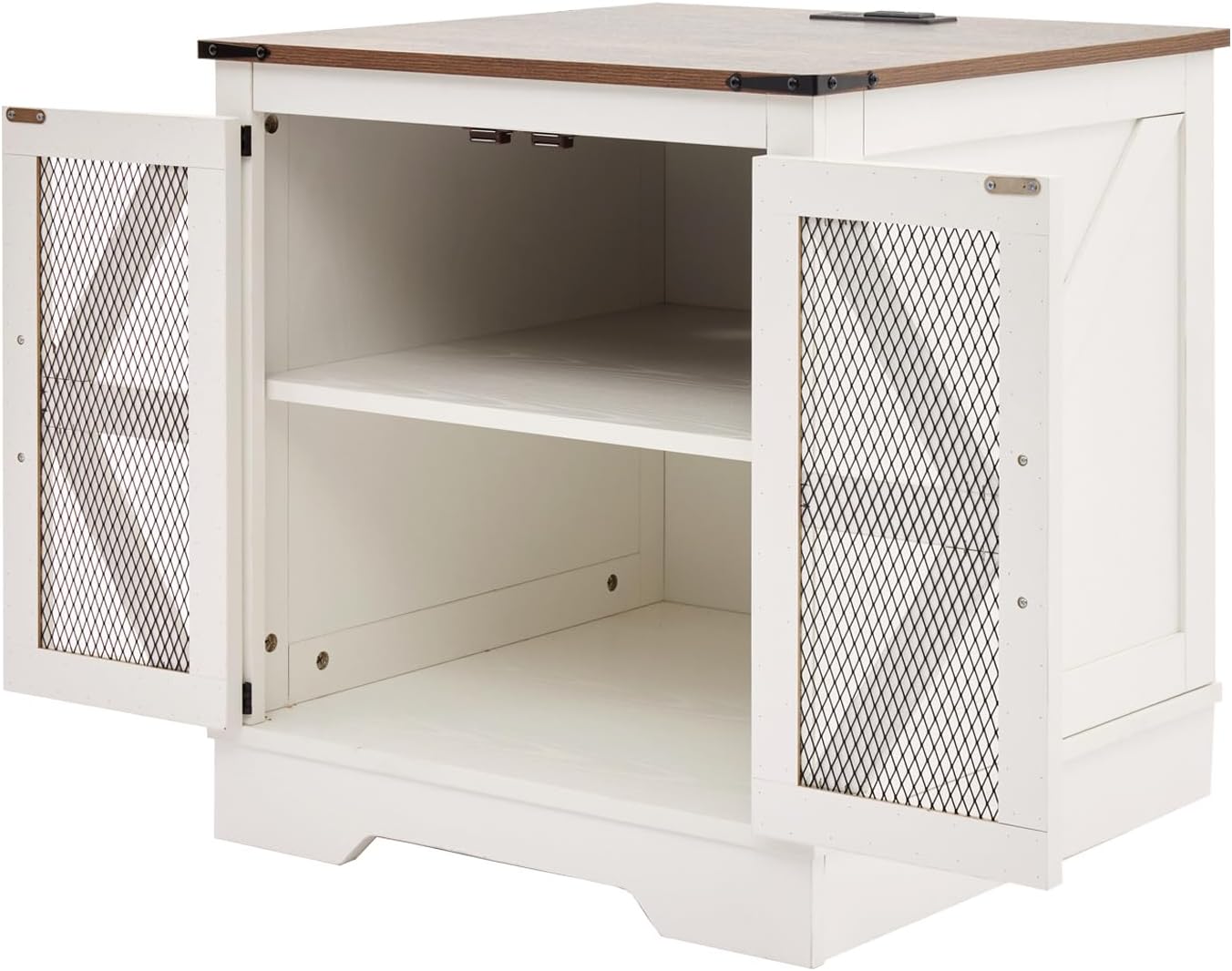 White Farmhouse End Table with Charging Station, 24' Wood Sofa Side Table with Mesh Barn Door, Rustic Nightstand with Hidden Storage for Living Room, Square