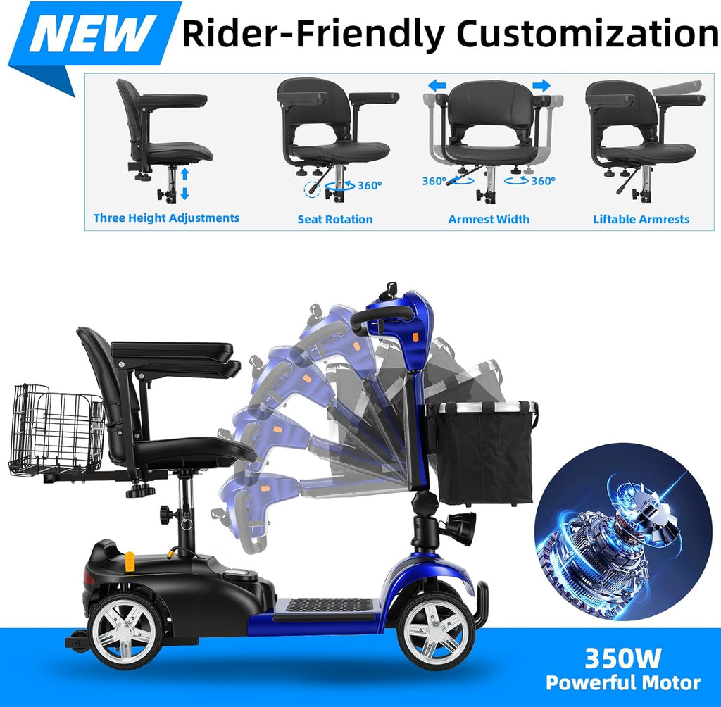 20 Miles 4 Wheels Mobility Scooter for Seniors/Adults Up to 300LBS,350W Electric Wheelchair Detachable Lithium Battery,Dual Baskets,Rotating Seat,with Taillight, USB Charging, Blue 18AH