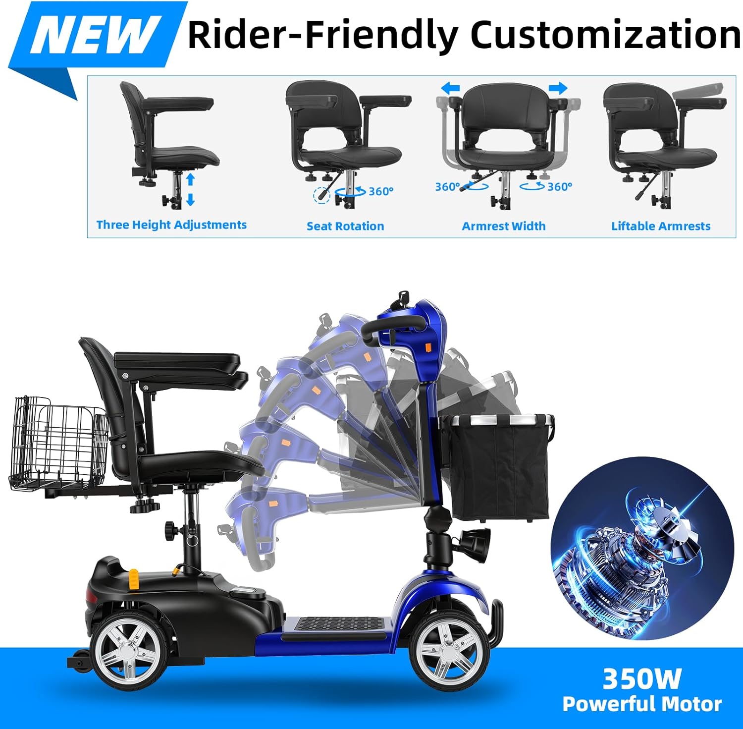 20-45 Miles 4 Wheels Mobility Scooter for Seniors/Adults Up to 300LBS,350W Electric Wheelchair Detachable Lithium Battery,Dual Baskets,Rotating Seat,with Taillight, USB Charging