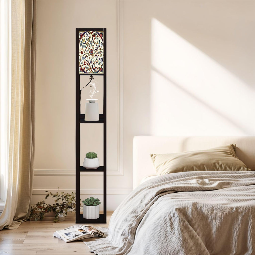Floor Lamp with Shelves Red Blue Green Turkish Seamless Pattern Luxury Floral Ornament Standing Tall Lamp USB Ports & Power Outlet Modern Corner Lamp Nightstand Light for Living Room Bedroom
