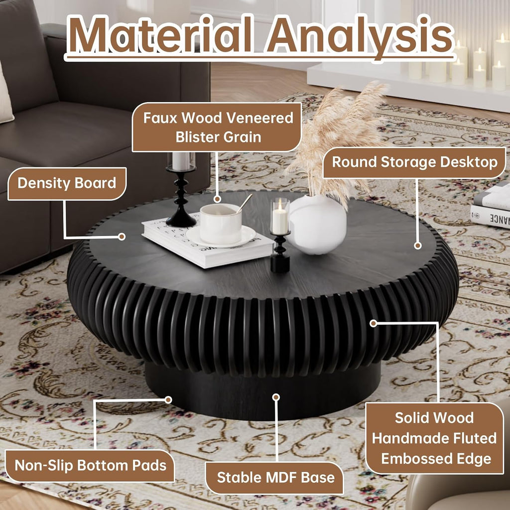 Round Coffee Table for Living Room Modern Black Fluted Coffee Table 31.4 inch Low Round Drum Coffee Tables for Living Room (Black, 31.4')