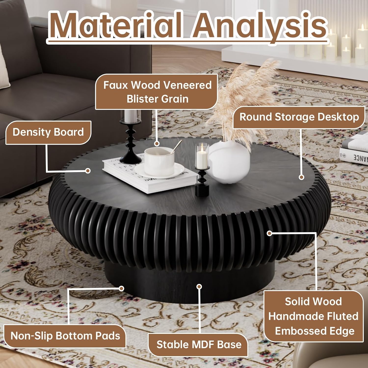 Round Coffee Table for Living Room Modern Black Fluted Coffee Table 31.4 inch Low Round Drum Coffee Tables for Living Room (Black, 31.4')