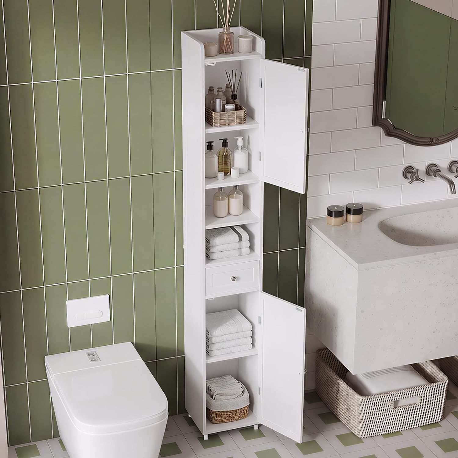 ChooChoo Bathroom Storage Cabinet with Adjustable Shelves, Tall Storage Cabinet with 2 Doors and 1 Drawer, Freestanding Cupboard for Small Spaces, White, 11.8 Inches Wide
