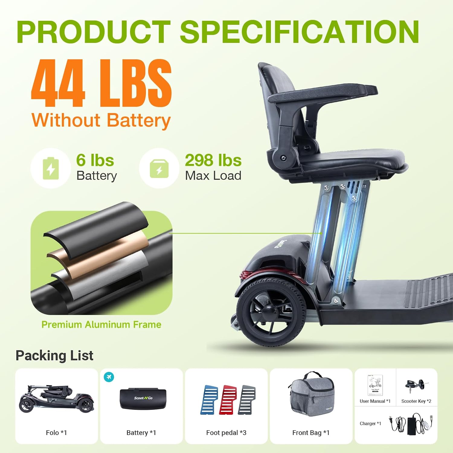 ScootNGo Mobility Scooter for Seniors & Adults Foldable, Airline Approved, 44Lbs Lightweight 4 Wheel Electric Scooter, Portable for Travel, with Removable Battery & USB Port