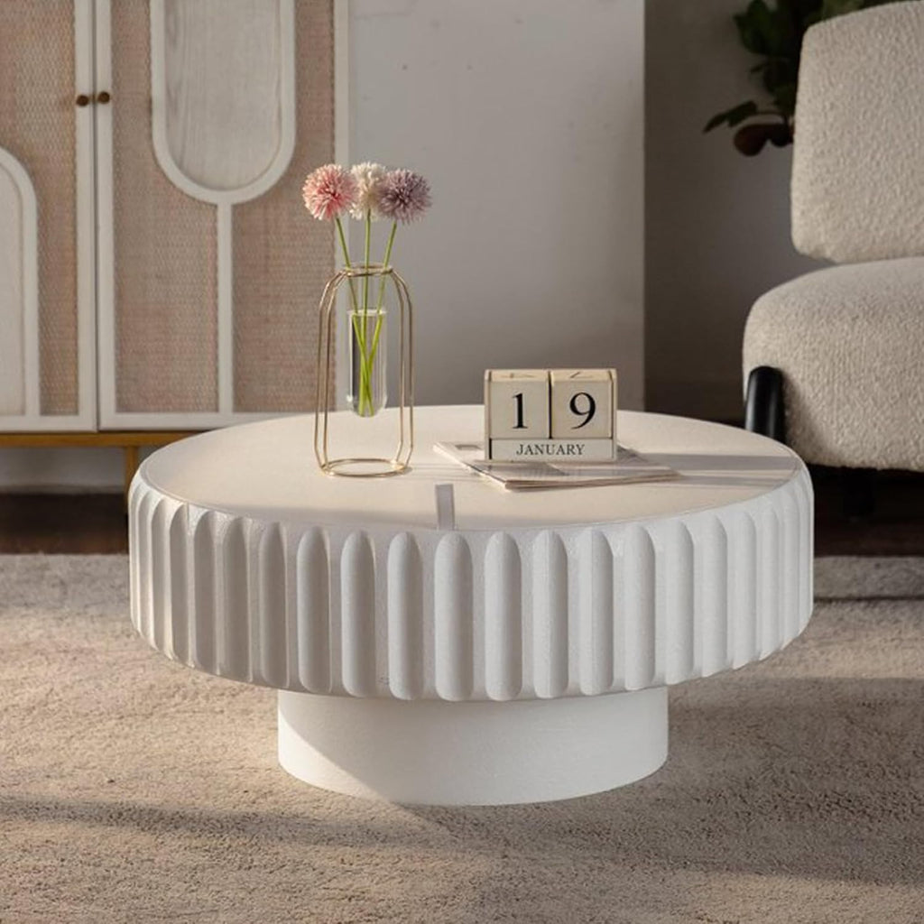 31.5'' White Round Coffee Table with Storage Space for Living Room, Modern Contemporary Circle Fluted Drum Pedestal Wood Coffee Table, Easy Assembly, White