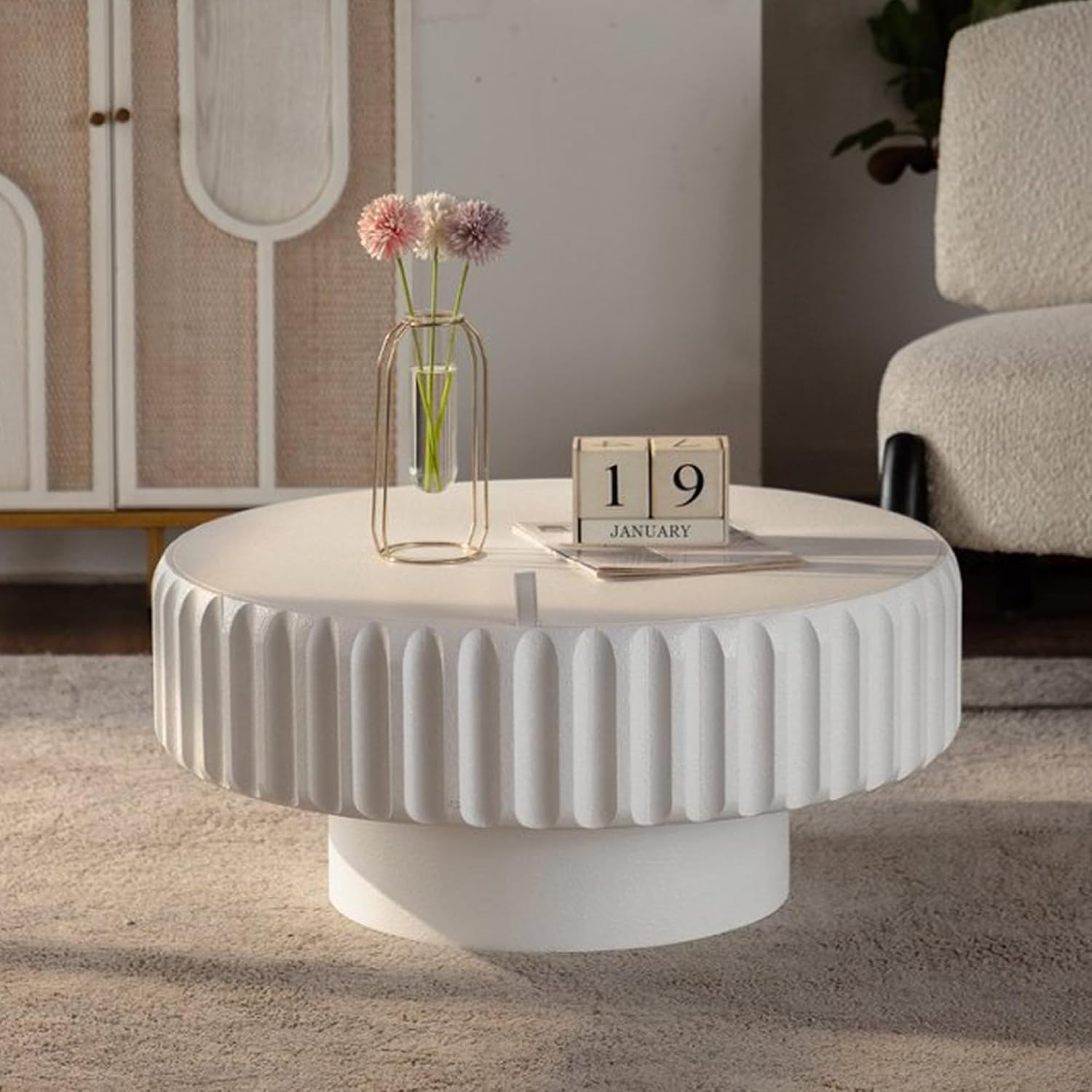 31.5'' White Round Coffee Table with Storage Space for Living Room, Modern Contemporary Circle Fluted Drum Pedestal Wood Coffee Table, Easy Assembly, White