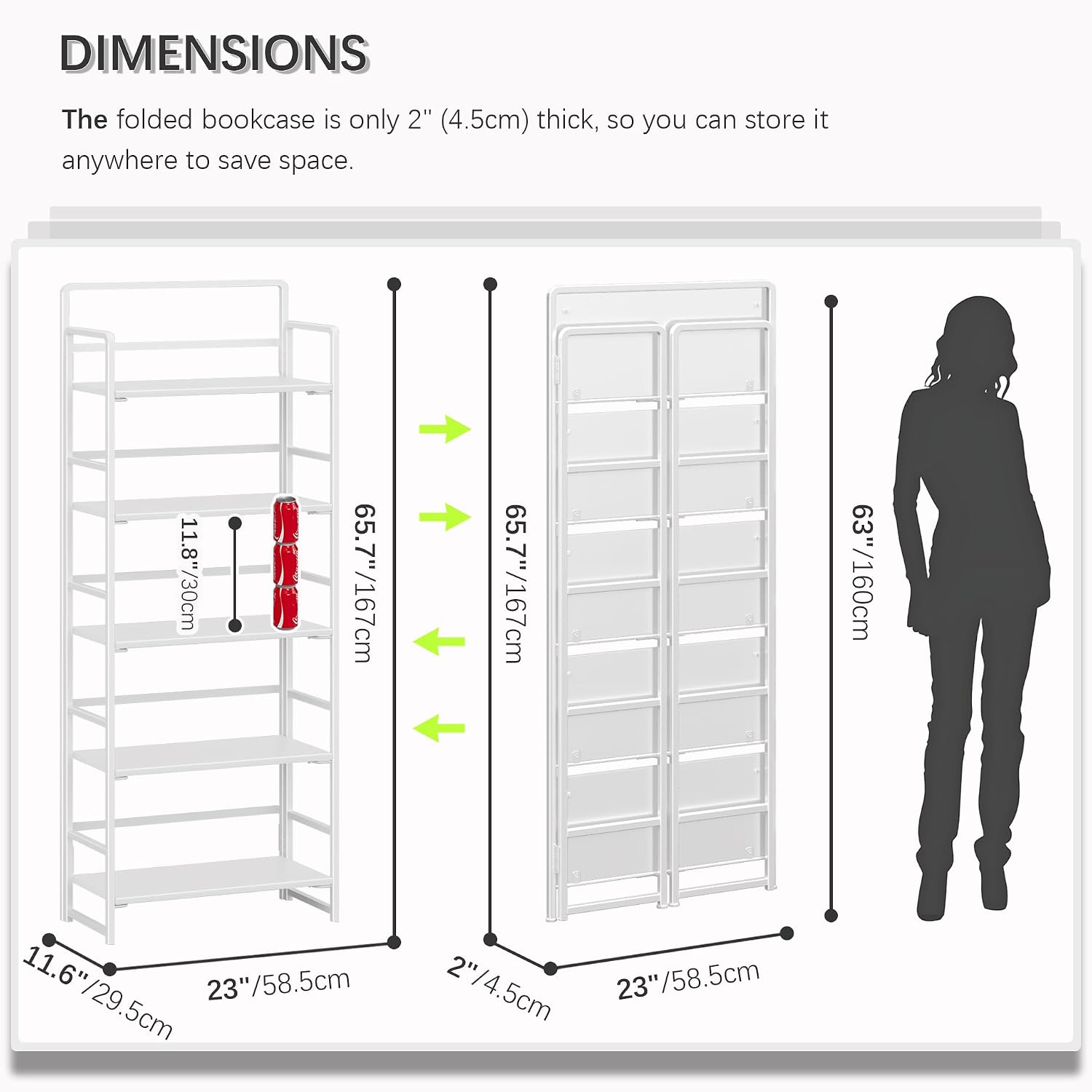 4NM No Assembly 5 Tiers Folding Bookshelf Storage Shelves Vintage Bookcase Standing Racks Study Organizer Home Office (All White)