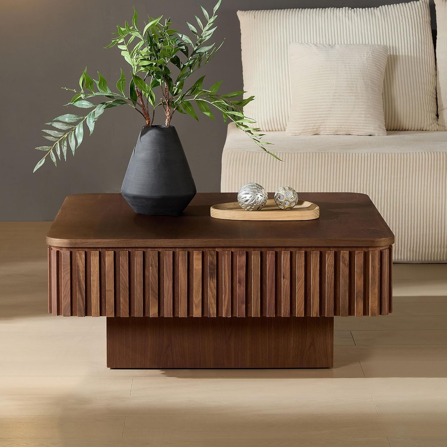 Square Coffee Table with Lift Top for Living Room Lift Up Coffee Table with Storage Fluted Coffee Tables Mid Century Modern Center Tables for Apartment 35.43'' Walnut