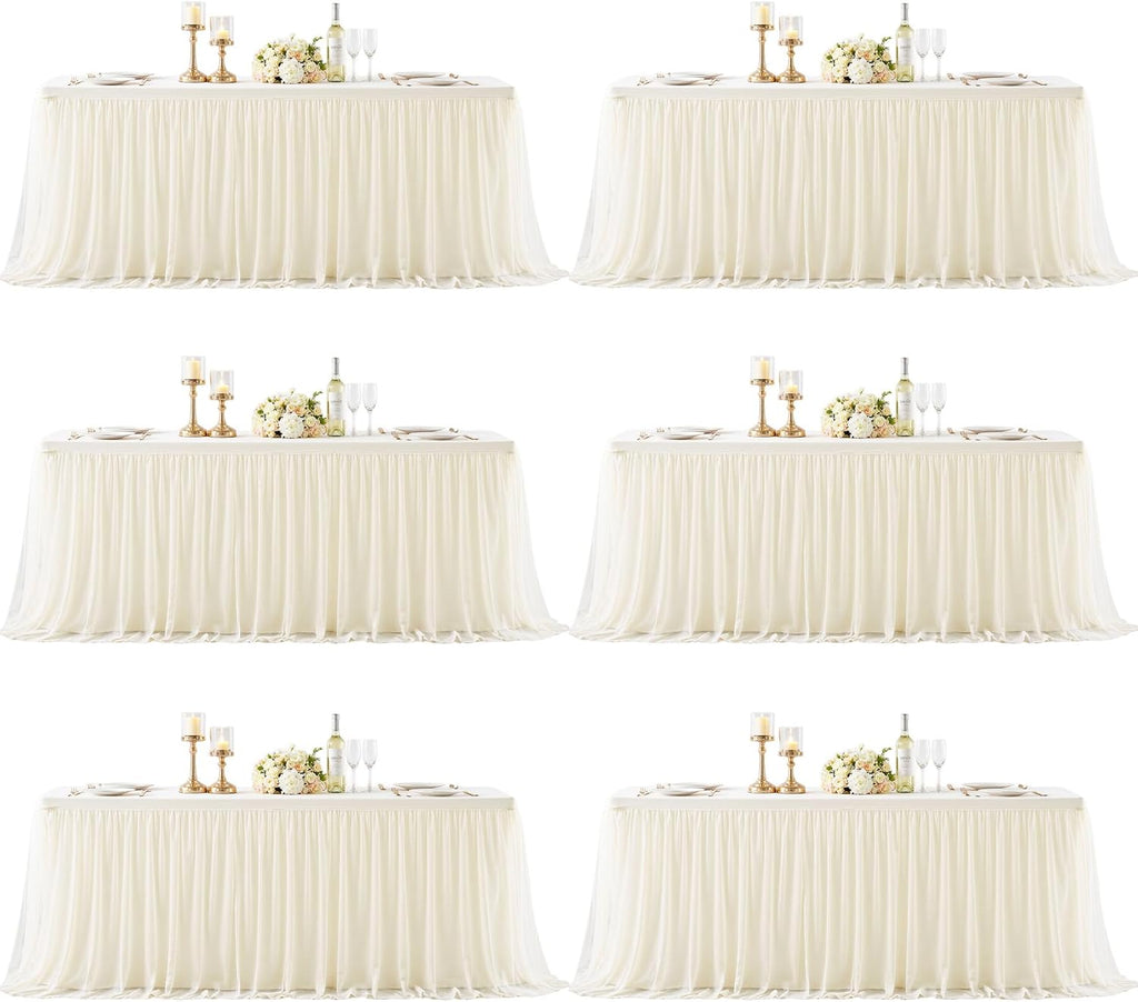 Ivory Fitted Tablecloth Rectangle 6 Foot Stretch Elastic Tulle Ruffle Tablecloths Rectangular Spandex Table Covers 6ft Birthday Baby Shower Party Wedding Table Cloths with Skirt 6Pack