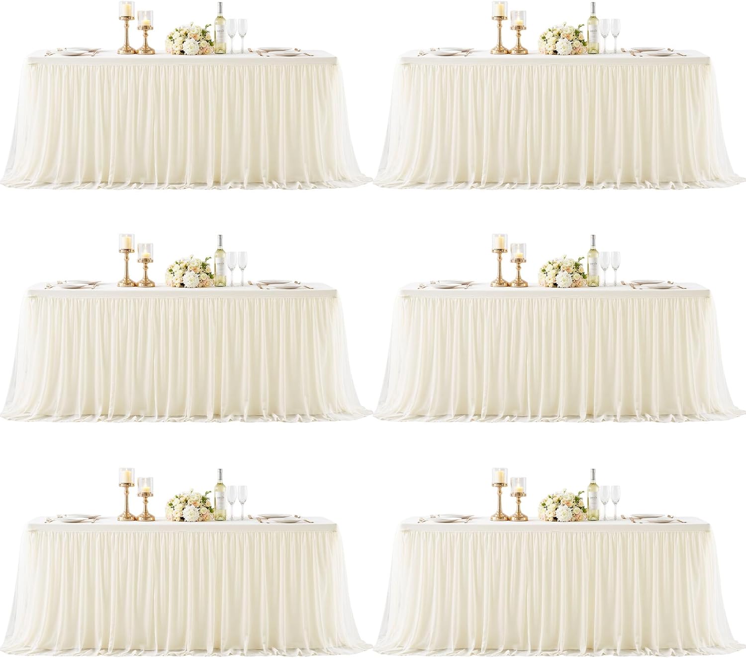 Ivory Fitted Tablecloth Rectangle 6 Foot Stretch Elastic Tulle Ruffle Tablecloths Rectangular Spandex Table Covers 6ft Birthday Baby Shower Party Wedding Table Cloths with Skirt 6Pack
