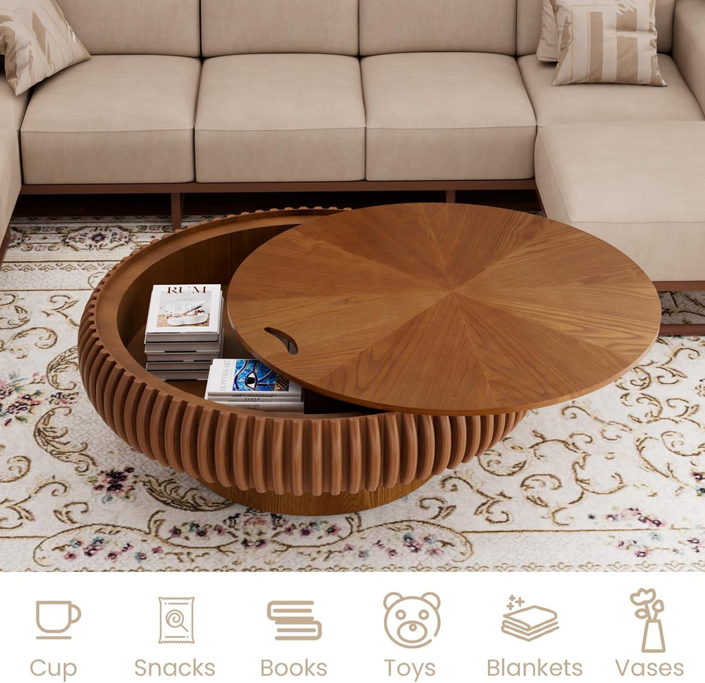 39.37'' Round Fluted Coffee Table with Storage, Modern Wooden Drum Coffee Table, Circle Center Table Accent Tea Table with Sturdy Pedestal for Living Room Apartment Small Space (39.37' Storage Brown)