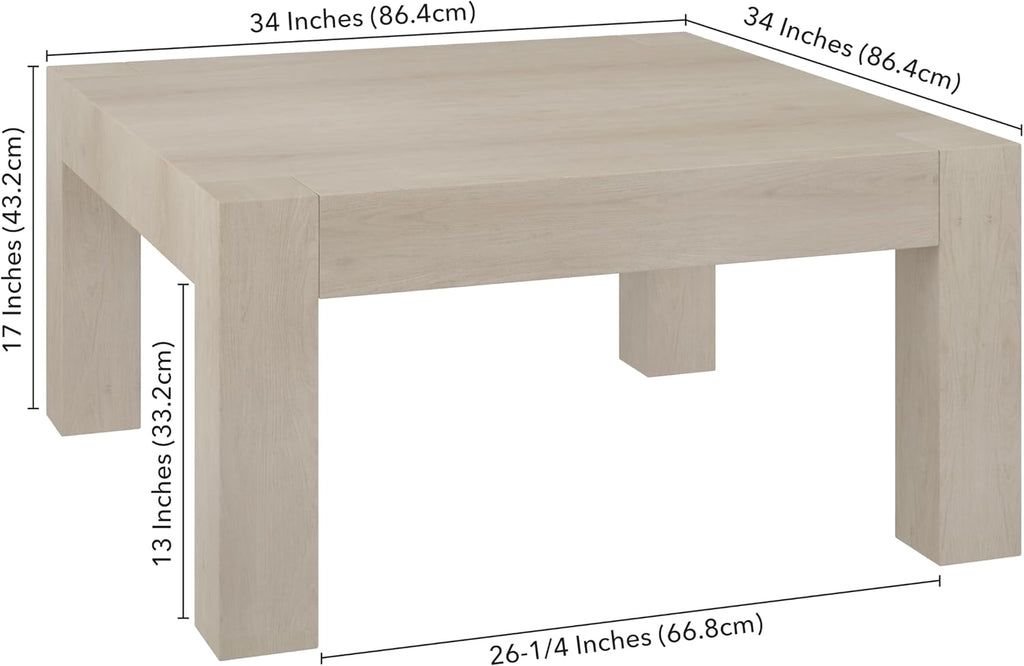 Henn&Hart 34' Square Coffee Table with Wood Top for Living Room, Family Room, Office, or Apartment, Beech White